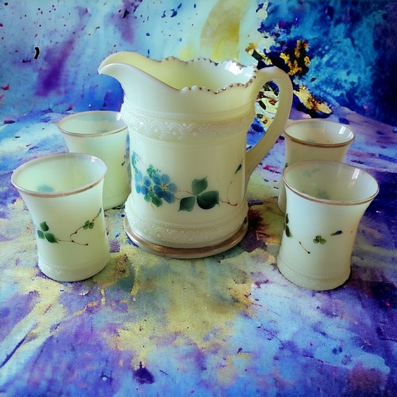 1800s Heisey Ring Band Custard Glass Pitcher & 4 Cups Rare Blue Hibiscus UV - Picture 2 of 10